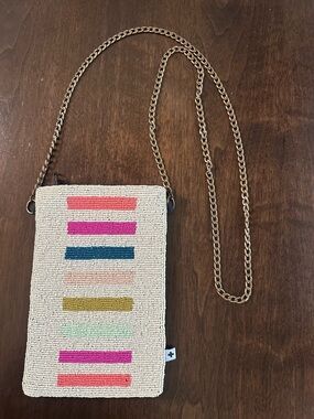 Ink + Alloy Beaded Crossbody Bag Cream with Multicolor Stripes & Chain Strap EUC